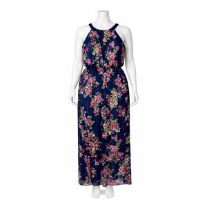 Robbie Bee Navy Floral Halter Metallic Shimmer Maxi Dress Women's Size 14